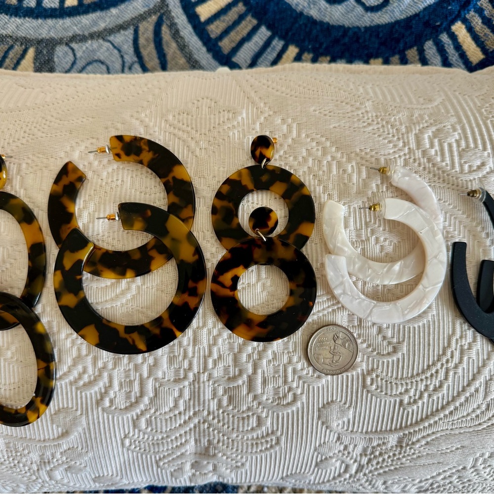Tortoise Shell, White and Black Hoop Earrings Set of 5 pairs